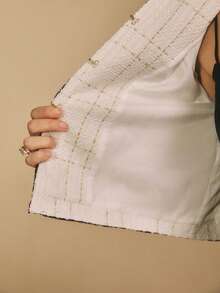 Poéselle Áo khoác nữ mùa thu tay dài dáng suông, chất liệu tweed ánh kim với nơ tương phản, áo blazer nữ, áo khoác tweed nữ, trang phục nơ Giáng sinh, áo khoác mặc cùng váy. - Đen và trắng - Xem 10