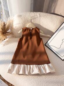 SHEIN Elladie kids Young Girl Summer New Pearl Bow Sleeveless A-Line Hem Ruffle French Style Fashionable Elegant Princess Dress - Brown - View 2