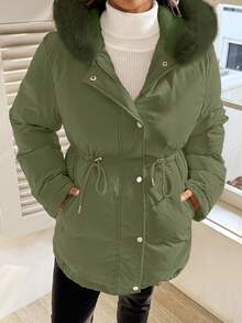 SHEIN Maternity Fashionable Versatile Drawstring Waist Faux Fur Hooded Jacket, Winter