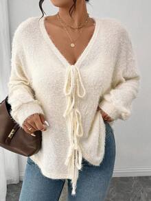 Lounesse Plus Size Women Solid Color Knit French Fuzzy Sweater, Bow Tie Front Design, Suitable For Casual, Home, And School Wear, Autumn/Winter - Apricot - View 7