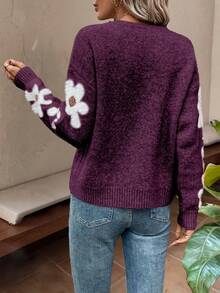 SHEIN LUNE 女士休闲花卉提花落肩长袖毛衣，秋冬款 - 紫色 - 查看 2