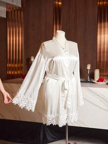 SilkySpell Plus Size Valentine's Day Lace Trim Embroidered Sexy Solid Color Satin Women Robe, For Fall & Winter - White - View 9