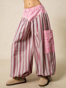 SoleilVie 女式拼色条纹宽松复古裤 - 彩色 - 查看 3