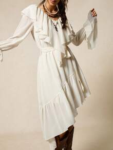 SoleilVie 女士纯色长袖荷叶边连衣裙 - 杏色 - 查看 4