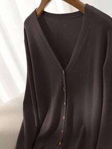 CosyJoli Plus Size Women Casual Solid Color All-Match Cardigan Brown Blouses For Women Coffee Brown Top Dark Brown Top/Winter