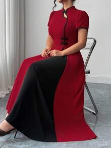 SHEIN CURVE+ Đầm xòe dài tay màu tương phản phong cách Trung Hoa cỡ lớn thanh lịch cổ áo - Đỏ - Xem 6