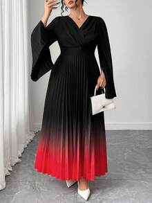 Elenzga Plus Size V-Neck Printed Pleated A-Line Dress - Black - View 5