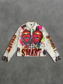 ROMWE MEN Street Life Men's Retro Graphic Print Long Sleeve Polo Shirt, Loose Cropped Fit - Apricot - View 1