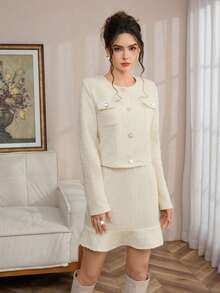 SHEIN LUNE 女士秋冬水钻纽扣厚针织长袖夹克和迷你裙套装，优雅百搭，适合派对、休闲聚会 - 黃色 - 查看 4