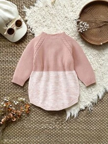 1pc Pink Infant Knit Bodysuit, Casual Minimalist Baby Bodysuit, Fashion Round Neck Long Sleeve