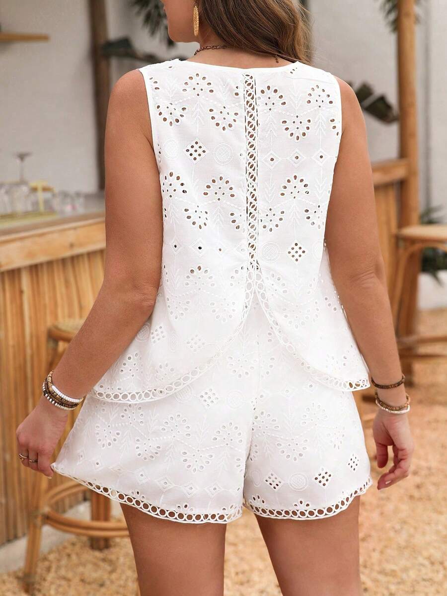 SHEIN Clasi Plus Size Women's White Summer Boho Beach Holiday Elegant Set,Hollow Textured Embroidery Sleeveless Top & Lace Trim Shorts Bohemian Vacation 2pcs - White - View 1