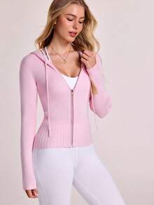 SHEIN Sovereign Charm Solid Color Casual Slim-Fit Versatile Regular Fit Long Sleeve Hooded Sweater For Women Cardigan For Women Gym Pink Women - Pink - View 5