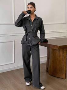 DAZY 秋冬新款宽松休闲做旧洗水收腰女式牛仔套装 - 深灰色 - 查看 4