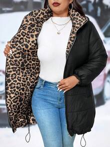 EMERY ROSE Plus Size Casual Hooded Reversible Black & Leopard Print Mid-Length Padded Coat - Multicolor - View 10