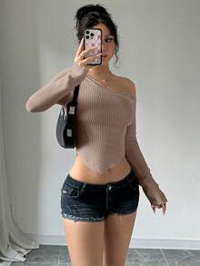 Flirla 1 Áo len trơn cổ lệch bó sát gợi cảm cho nữ - Lạc đà - Xem 3