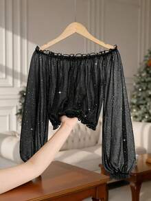 GlowEve Women's Fashion Sequin & Metallic Accent Off Shoulder Lantern Sleeve Casual Crop Top - Black - View 3