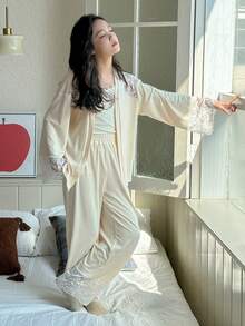 DAZY 3件套/少女套装：吊带背心+外套+裤子休闲套装，秋季 - 杏色 - 查看 2