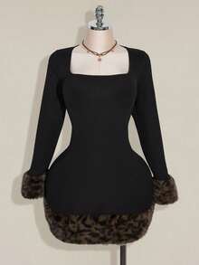 SHEIN ICON 大码女式秋冬罗纹拼接豹纹仿皮草修身黑色迷你连衣裙 - 黑色 - 查看 3