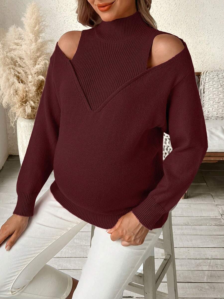 SHEIN Suéter de maternidad de unicolor, de cuello alto, con abertura, de manga larga y versátil