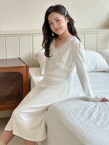 Dazy Kids Tween Girls V-Neck Knit Puff Sleeve Nightgown Loungewear - White - View 1