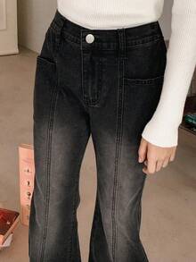 Dazy Kids 少女口袋设计休闲百搭喇叭牛仔裤 - 黑色 - 查看 6