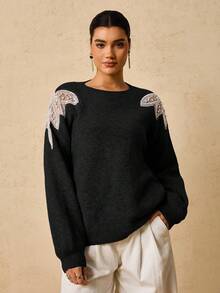 Travachic Plus Size Fashionable Women's Beaded Pullover Sweater In Fall/Winter - Black - View 3