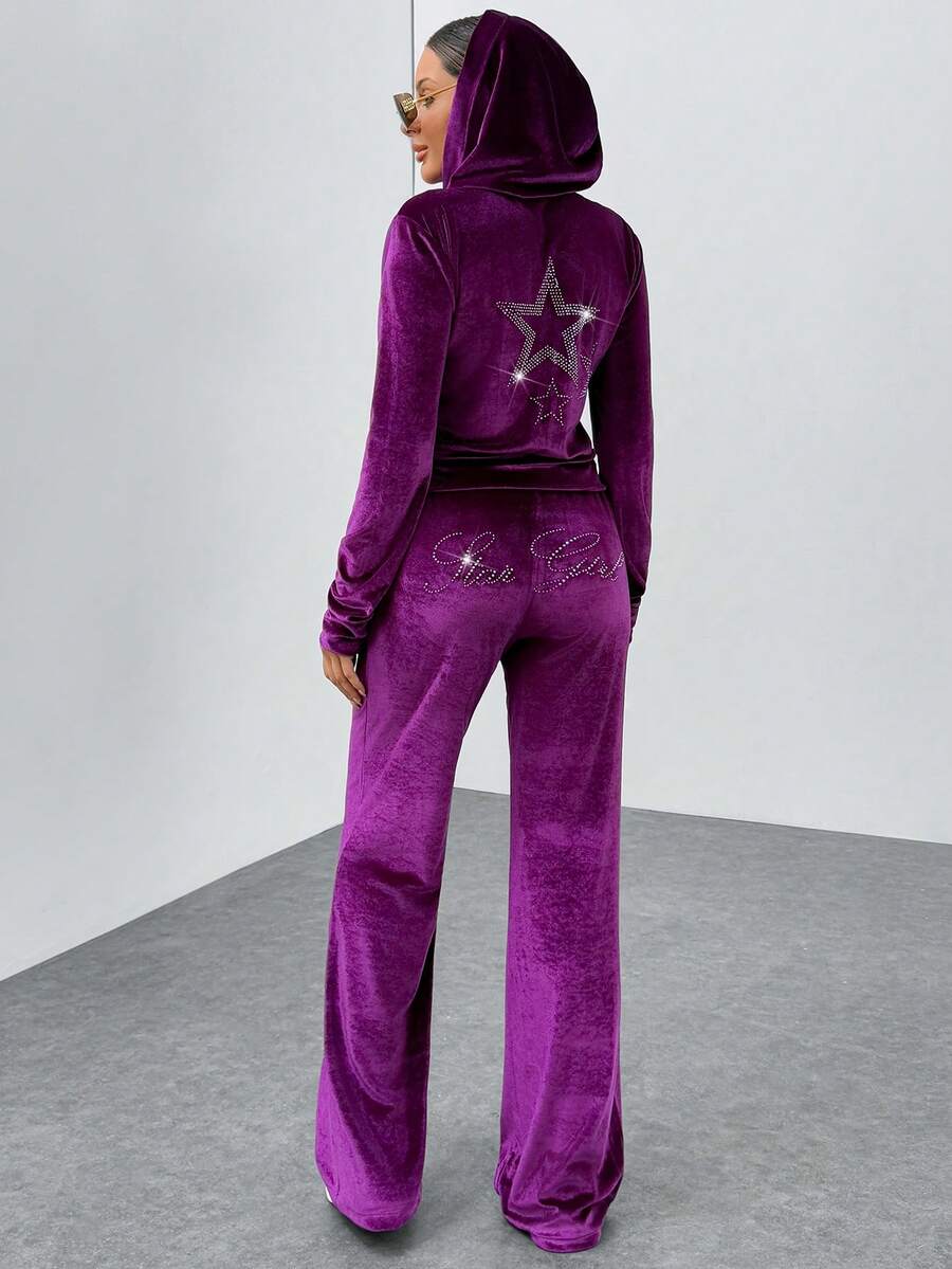 EURMUSE 性感女士丝绒两件套——水钻烫钻运动服，星光少女水晶装饰连帽衫和慢跑裤，酷炫家居服，修身拉链露脐上衣和高腰裤，Y2K 风潮少女套装，Y2K 时尚，旅行装，机场运动服 - 紫色 - 查看 1