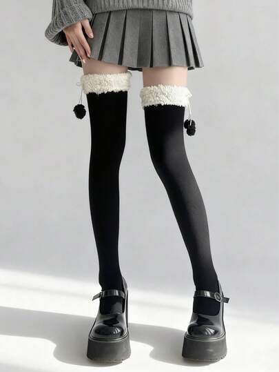 Fairycore 1 Paar süße Überknie-Socken, JK Lolita Schulstil Kniestrümpfe, verstärkte warme Plüsch Überknie-Socken, Herbst- und Winterwarme Überknie-Socken