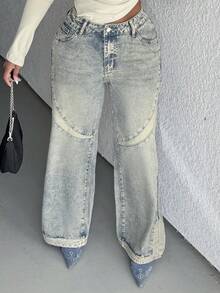 Alexandranx 女式简约前扣口袋休闲牛仔裤 - 藍色 - 查看 5