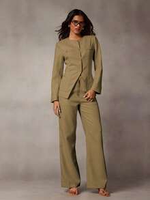 SHEIN Glamour Conjunto de dos piezas para mujer: chaqueta de cuello redondo, manga larga, de un solo botonadura y pantalones; traje casual de negocios; conjunto de dos piezas casual de negocios para mujer; traje de oficina para mujer; traje profesional para mujer - Marrón - Ver 6