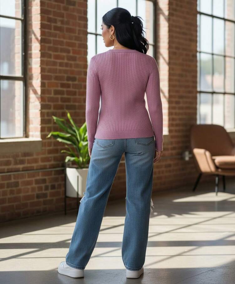 Suéter para mujer estilo coreano casual tejido de punto acanalado corte ajustado cuello redondo manga larga otoño invierno uso diario suéter - Morado - Añade 2