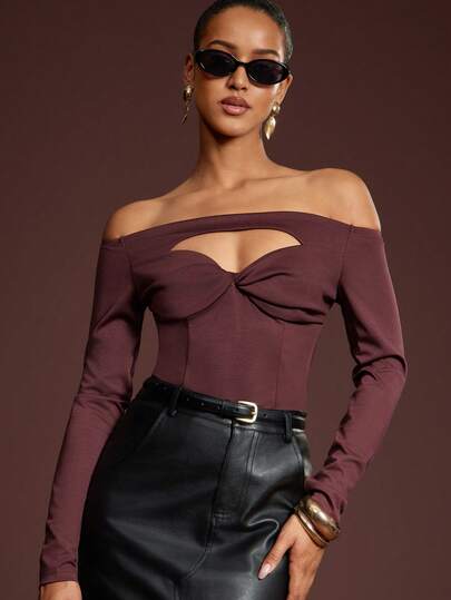 L'Amorae Verdrehter Schlüsselloch-Off-Shoulder Langarm-Top