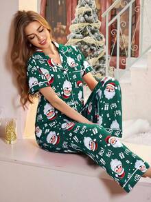Dream Adore Pink Tulip Print Lapel Collar Short Sleeve Pajama Set For Women, Christmas - Multicolor - View 1