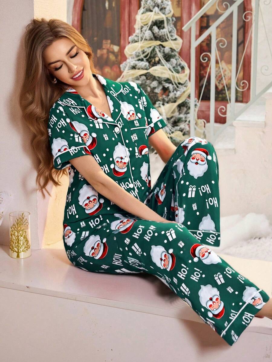 Dream Adore Pink Tulip Print Lapel Collar Short Sleeve Pajama Set For Women, Christmas - Multicolor - View 1