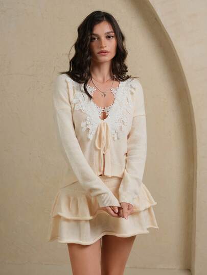 Glamine Beige Knitted Double-Layer Cake Skirt With Built-In Safety Shorts, Vintage Inspired Sweater & Skirt Set For Women