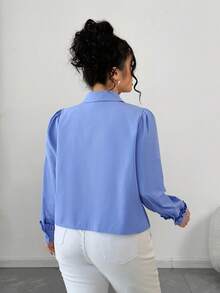 Elenzga Große Größen Blumen Knopf Kragen einfarbige Strickjacke, elegante Bluse - Blau - Übersicht 2