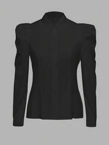 Sweetra 大码女装春夏纯色泡泡袖优雅办公衬衫 - 黑色 - 查看 1