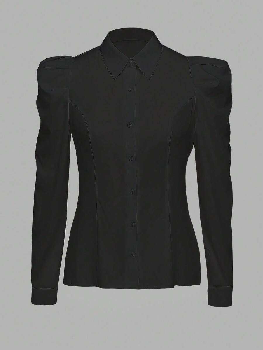 Sweetra 大码女装春夏纯色泡泡袖优雅办公衬衫 - 黑色 - 查看 1