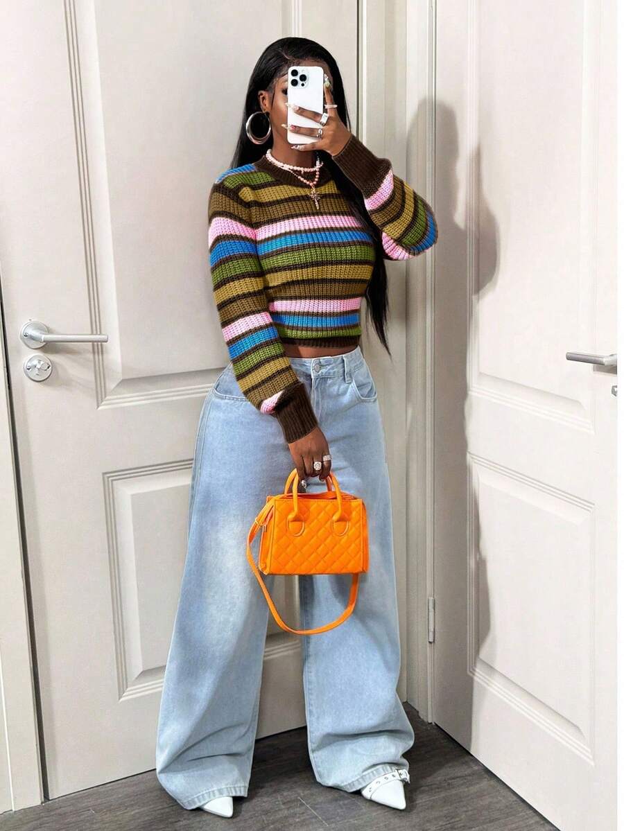 BamGleam 女士条纹休闲针织衫，秋冬季 - 棕色 - 查看 1