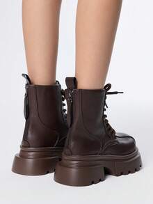 ROMWE Grunge Punk Damen Braune Lederstiefel mit Seitlichem Reißverschluss, Schnürung, Rock/Punk Stil, Reitstiefel, Motorradstiefel, Plateauabsatz, Gothic Ankle Boots und Kurzstiefel