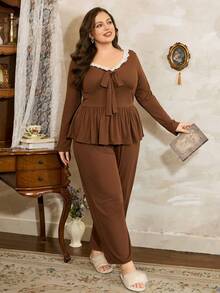 Côtesoire Bộ đồ ngủ tay dài tối giản màu tương phản cỡ lớn & quần dài màu trơn Bộ đồ ngủ màu nâu Bộ đồ ngủ nữ Bộ đồ ngủ cong Bộ đồ ngủ hai mảnh Bộ đồ ngủ màu nâu Váy ngủ màu nâu, Quần áo mùa thu và mùa đông - Cà phê nâu - Xem 3