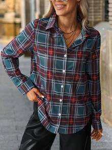 SHEIN Clasi Camicia casual da donna a maniche lunghe con bottoni e stampa a quadri, adatta per l'autunno, l'inverno, feste, Capodanno e Natale