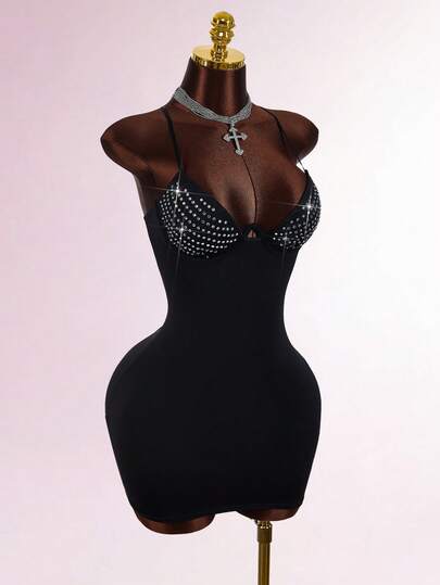 Amplova Vestido de fiesta mini ajustado con diseño de espalda descubierta y cruzado, decorado con rhinestones