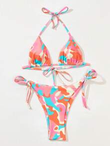 Camo Print Triangle Tie Side Bikini Set, For Summer Beach Vacation - Multicolor - View 4