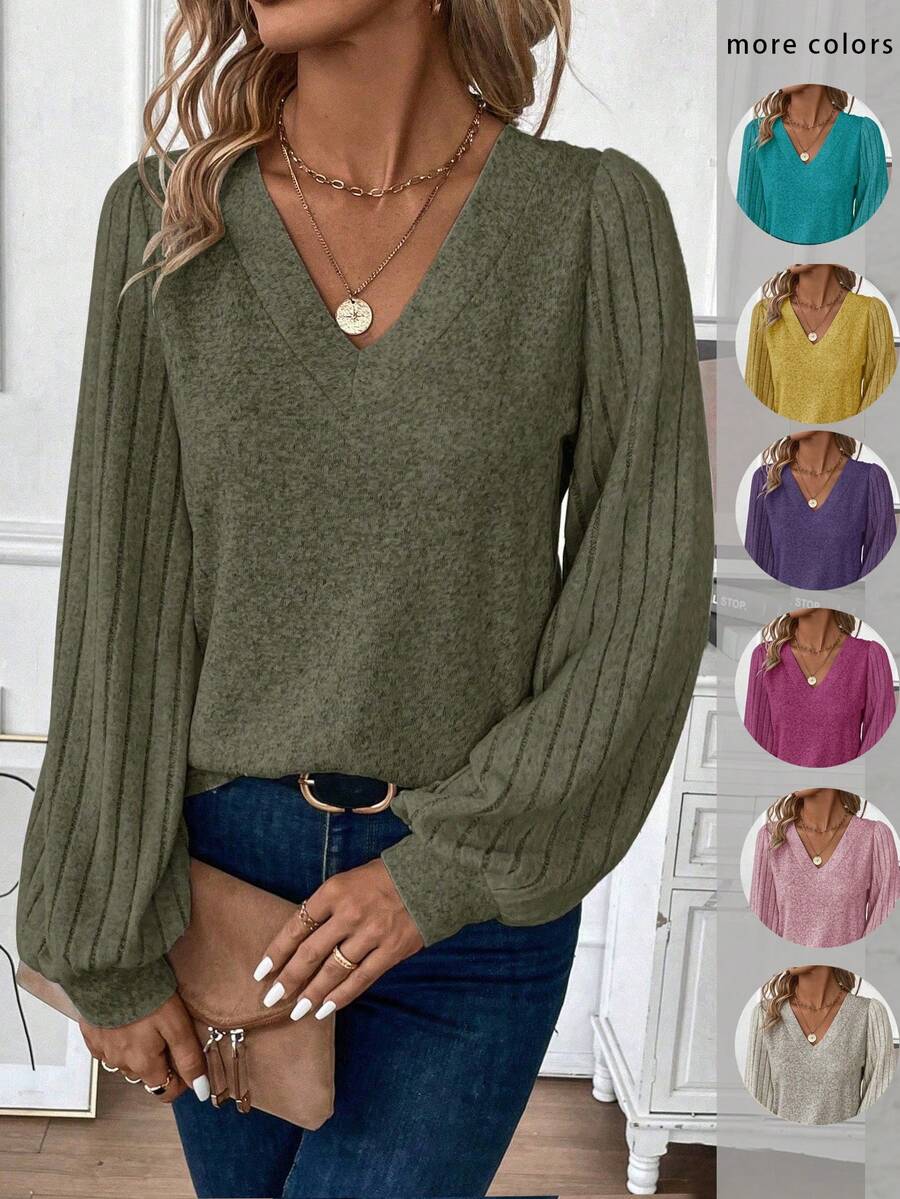 EMERY ROSE V-Neck Lantern Sleeve T-Shirt Fall Cloth For Women