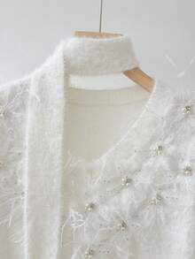 Franclia 女士时尚优雅白色纯色蓬松V领落肩宽松套头毛衣，适合秋冬季圣诞节新年感恩节派对 - 米色 - 查看 3