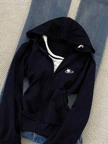 SHEIN Embroidered Hooded Fitted Sweatshirt For Women - Navy Blue - View 3