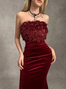 Ardnt 优雅法式亮片拼接天鹅绒奢华浪漫长款鱼尾下摆派对礼服，红色，适合圣诞节、秋冬季 - 酒紅色 - 查看 5