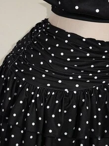 SHEIN ICON 大码女式复古休闲性感 Y2K 波尔卡圆点图案分层蛋糕迷你裙 - 黑與白 - 查看 5