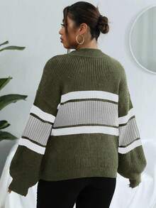 SHEIN LUNE Suéter casual de talla grande con bloques de color y rayas, otoño/invierno - Verde militar - Ver 2